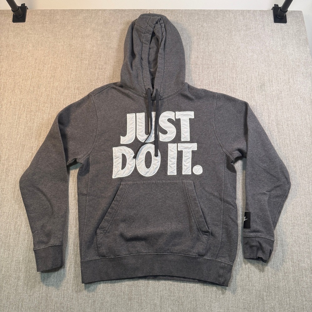 Nike Just Do It Hoodie Mens Small Gray Graphic Fleece Pullover Sweatshirt w/flaw